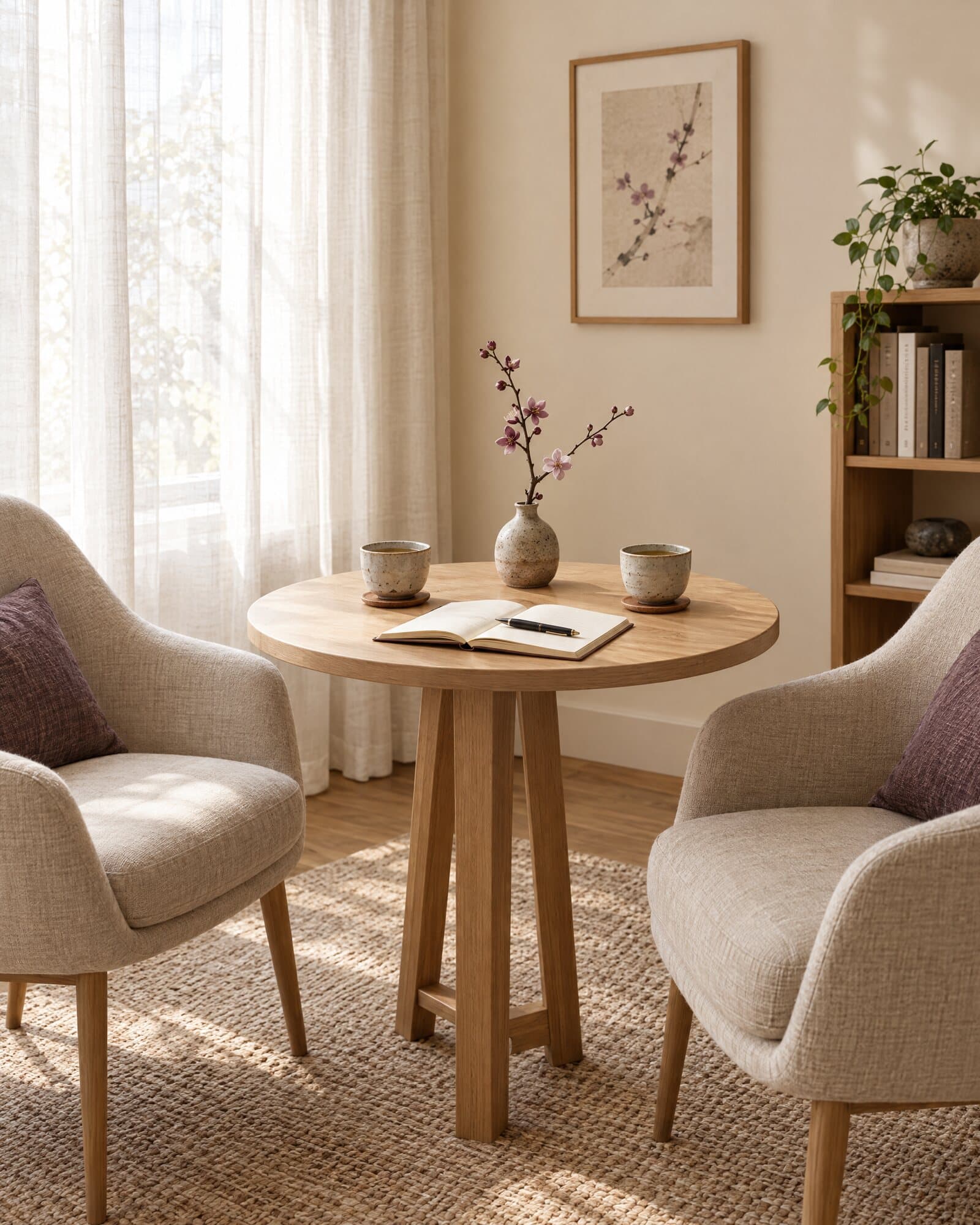 Een rustige consultatieruimte met twee stoelen, een tafel met thee en een takje bloesem.