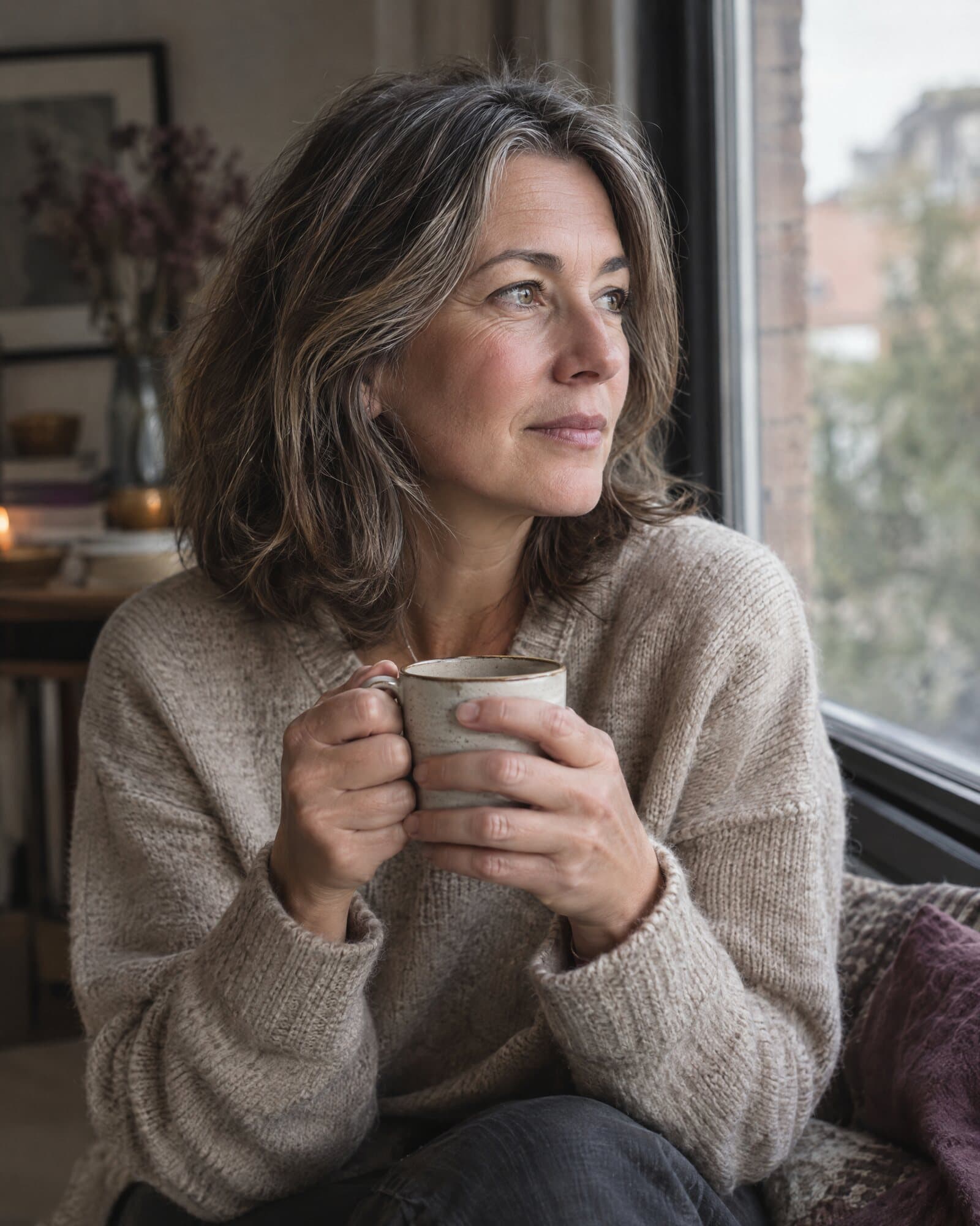 Een vrouw van rond de vijftig zit met een kop thee bij het raam en kijkt naar buiten.